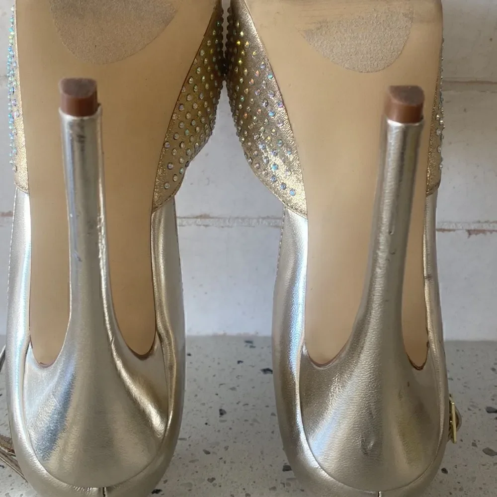 Steve Madden MEA Gold Bling Platform Stiletto Heels Ankle Strap Size Size 6
